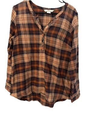 Bob Timberlake Plaid Henley Blouse M Rust Orange Brown Tunic Roll Tab Fall Top
